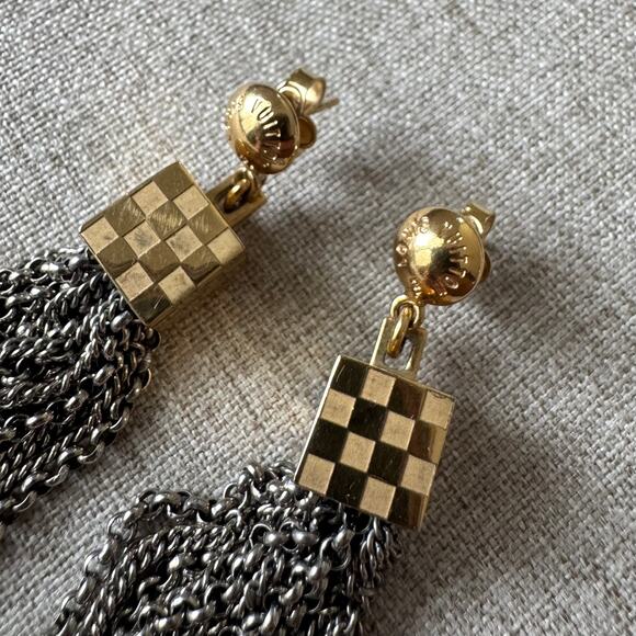 Louis Vuitton Damier Charlie Drop Tassel Chain Two Tone Brass Earrings Jewelry - Picture 4 of 8